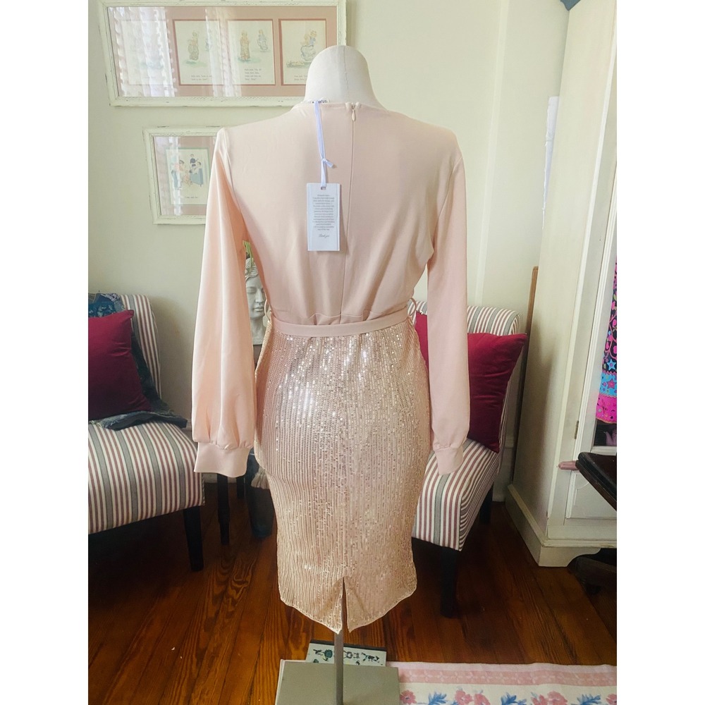 Grace Karin L Wrap Top Sequin Skirt Long Sleeve Sheath Dress Blush Pink Gold NWT - Picture 8 of 12